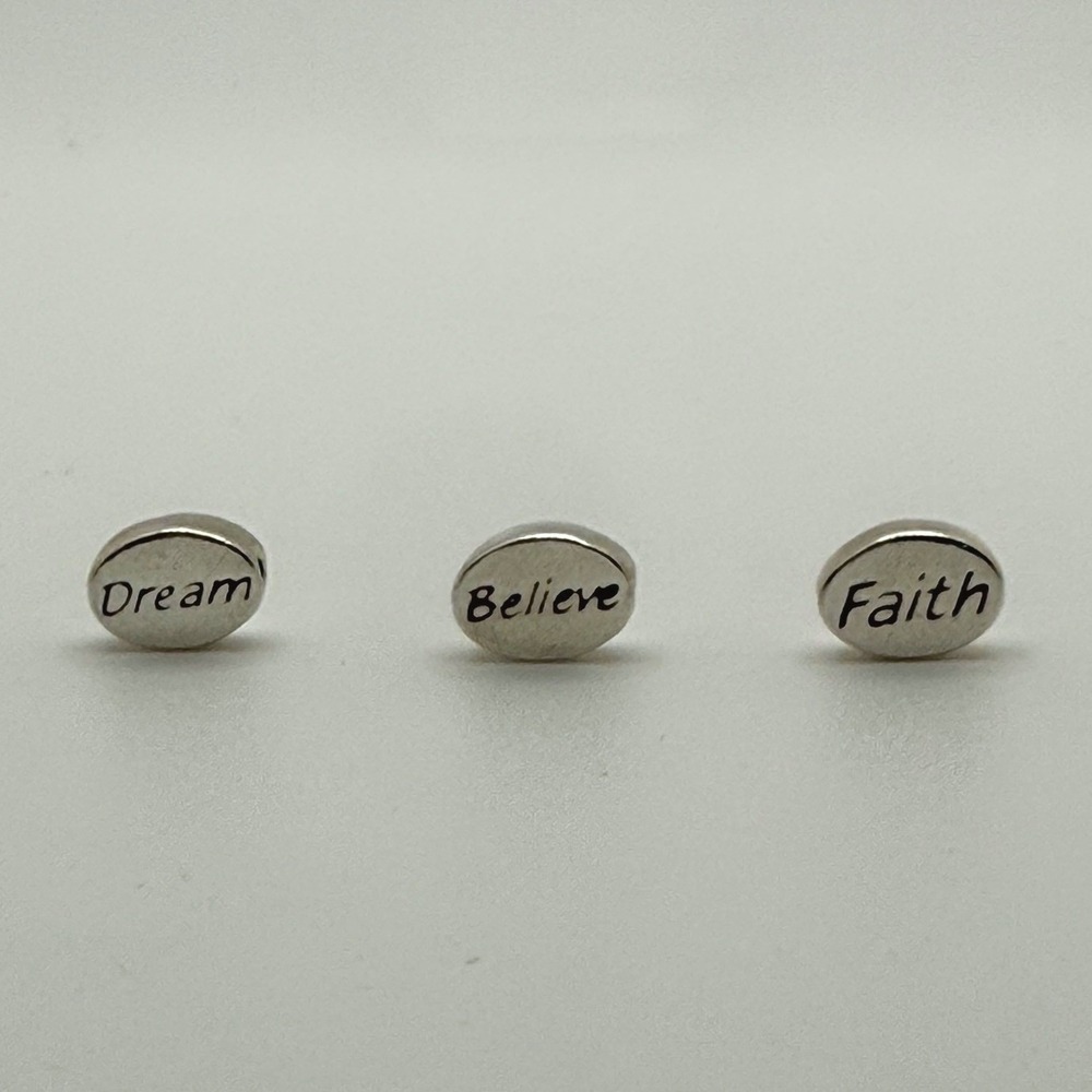 Sterling Silver Oval Message Beads Dream Believe Faith Jewelry Making 3pc CJ59